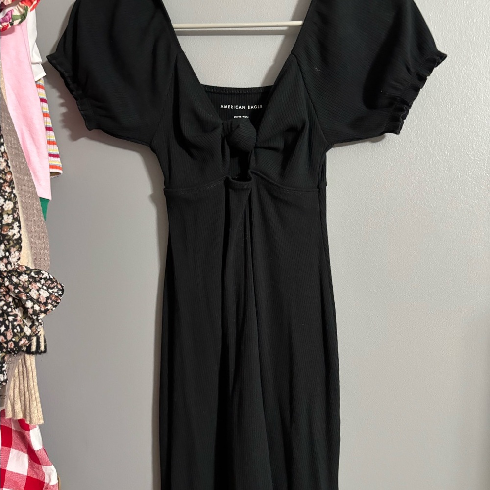 American Eagle Outfitters Black Tie Front Puff Sleeve Mini Dress